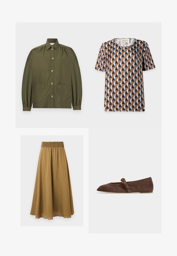 Chemise boutonnée vert olive avec manches longues bouffantes, deux poches avant et un col pointu.; Chemise à manches courtes avec un motif géométrique triangulaire marron, noir et bleu clair et un col rond, taille moyenne.; Jupe midi marron trapèze avec taille élastique froncée et tissu léger texturé sur fond uni.; Chaussure plate en daim marron avec bout pointu et bride à boucle dorée sur le côté, vue de profil sur fond blanc.