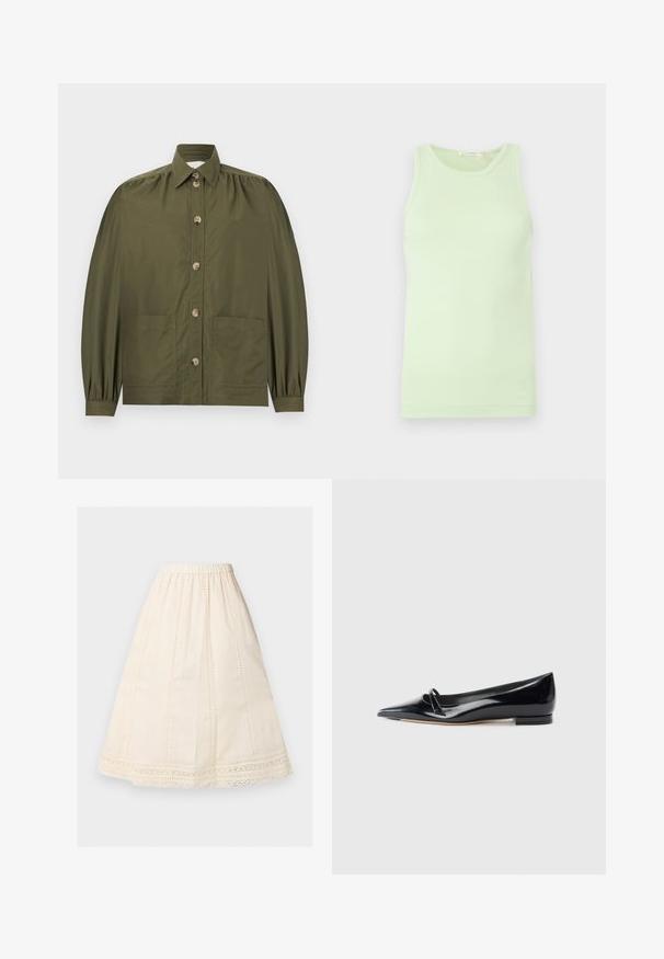 Chemise boutonnée vert olive avec manches longues bouffantes, deux poches avant et un col pointu.; Débardeur vert clair sans manches avec encolure ronde, tissu lisse et détail subtil du logo sur l'ourlet inférieur.; Jupe midi couleur crème, coupe trapèze, taille élastique, panneaux à points d'œillet verticaux, et bordure en dentelle le long de l'ourlet.; Chaussure plate en cuir verni noir avec un bout pointu, une petite lanière décorative et un petit talon carré. Texture lisse et design épuré.