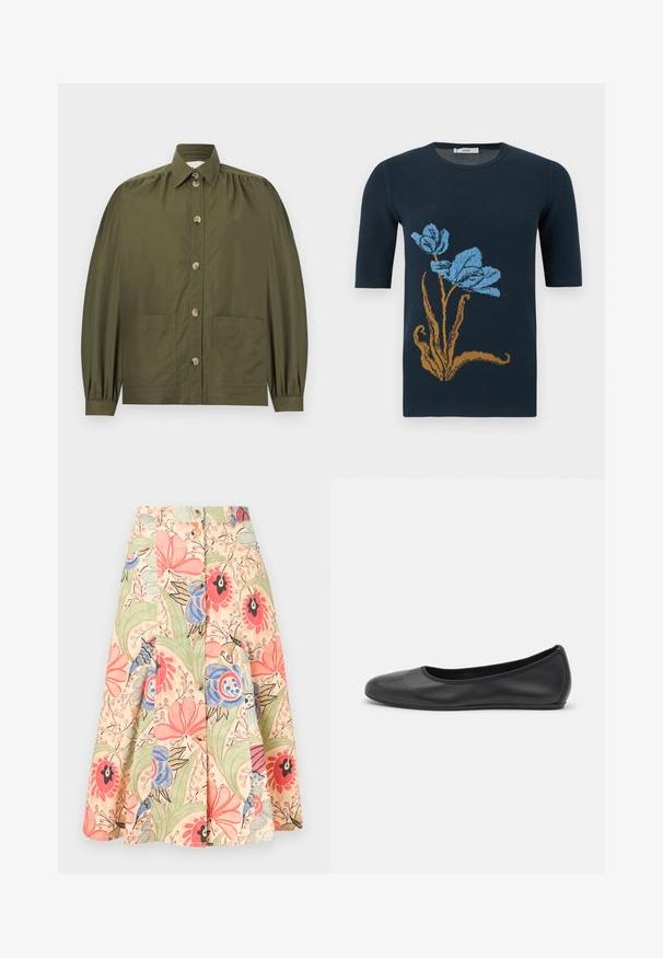 Chemise boutonnée vert olive avec manches longues bouffantes, deux poches avant et un col pointu.; Pull à manches courtes bleu marine avec une grande tige marron et deux fleurs bleues sur le devant.; Jupe droite avec boutons sur le devant, à motif floral large dans des tons de rose, bleu, vert et beige sur un fond clair.; Ballerines en cuir noir avec un bout rond, texture lisse, détails de couture minimalistes et design de semelle flexible.