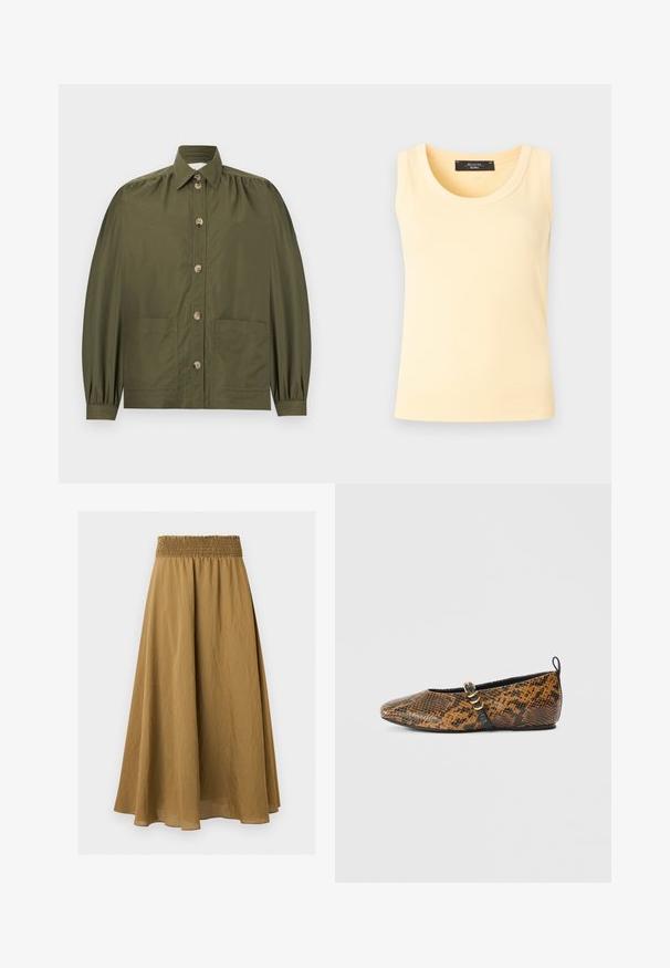Chemise boutonnée vert olive avec manches longues bouffantes, deux poches avant et un col pointu.; Débardeur en maille côtelée sans manches de couleur jaune pâle avec col rond et étiquette de marque noire à l'intérieur du col.; Jupe midi marron trapèze avec taille élastique froncée et tissu léger texturé sur fond uni.; Ballerine en simili motif peau de serpent avec des nuances de brun et de noir. Dotée d'une bride noire et d’un détail en métal doré. Texture lisse.