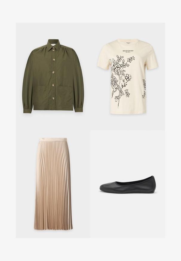 Chemise boutonnée vert olive avec manches longues bouffantes, deux poches avant et un col pointu.; T-shirt crème à manches courtes avec dessins floraux noirs en ligne et texte "WEEKEND MaxMara" centré près de l'encolure.; Jupe midi plissée beige taille haute avec une ceinture lisse et des plis verticaux étroits régulièrement espacés.; Ballerines en cuir noir avec un bout rond, texture lisse, détails de couture minimalistes et design de semelle flexible.