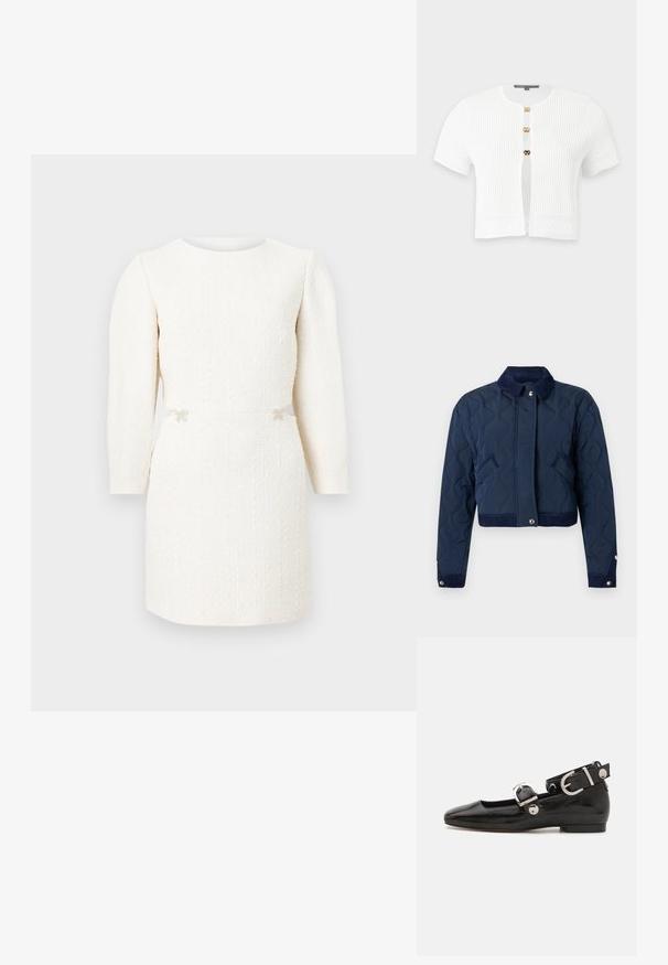 Veste matelassée bleu marine avec col en velours côtelé, fermeture à boutons-pression, poches latérales, poignets à boutons-pression et coupe courte.; Cardigan blanc à manches courtes en maille côtelée avec trois boutons-pression dorés et motifs tricotés décoratifs sur les manches et l’ourlet.; Robe courte blanche à manches longues texturée avec un col rond et de petits nœuds décoratifs à la taille sur un fond uni.; Ballerine en cuir verni noir avec un bout carré, sangle de cheville avec des détails en métal argenté et semelle plate. Texture lisse avec un design minimaliste.