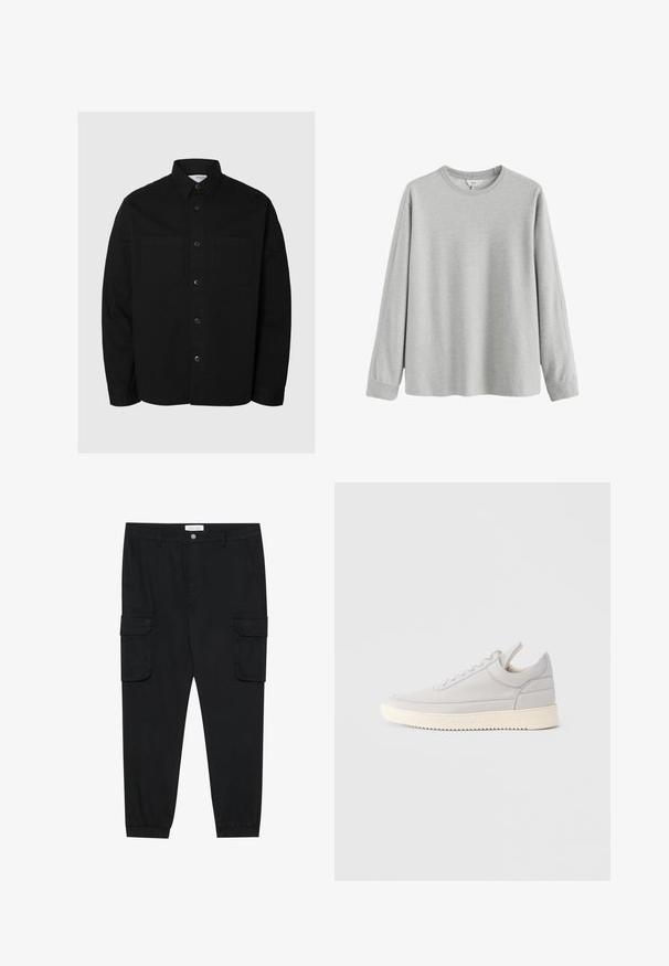 Zwarte langemouw blouse met knoopsluiting, voorzien van twee borstzakken en een klassieke kraag, weergegeven tegen een effen lichte achtergrond.; Lichtgrijze lange mouwen crew neck thermoshirt met geribbelde textuur en manchetten, weergegeven op een witte achtergrond.; Zwarte cargobroek met rechte pijpen, elastische boorden en meerdere zijzakken. Gemaakt van een gestructureerde stof met een knoopsluiting.; Lichtgrijze leren sneaker met getextureerde zijkanten, veters aan de voorkant en een crèmekleurige rubberen zool. Heeft een gladde neuskap en minimale designelementen.