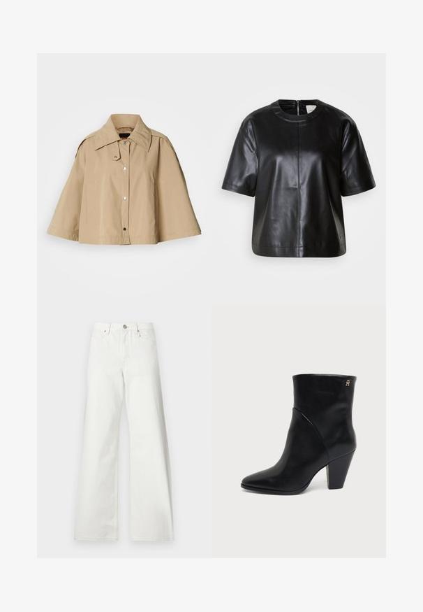 Veste courte beige avec un grand col, des boutons pression et des manches larges. Fabriquée en matériau lisse avec deux poches latérales.; Haut en cuir noir à manches courtes avec un col rond et une fermeture éclair dans le dos. Présente une texture lisse et un design à coupe décontractée.; Jean blanc taille haute à jambes larges, fermeture à boutons devant, passants de ceinture et poches avant sur fond uni.; Bottine en cuir noir à bout pointu, talon carré et petit logo doré près du bord supérieur sur le côté extérieur.
