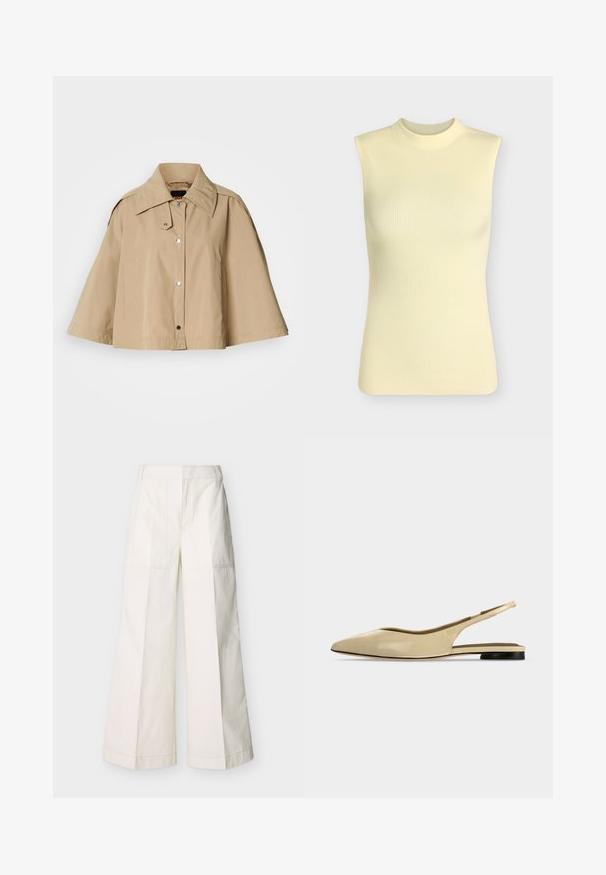 Veste courte beige avec un grand col, des boutons pression et des manches larges. Fabriquée en matériau lisse avec deux poches latérales.; Top sans manches en maille côtelée jaune pâle avec un col rond montant, silhouette ajustée et tissu doux texturé.; Pantalon à jambes larges en coton blanc, avec poches avant et coutures détaillées. Texture lisse avec un design épuré et minimaliste.; Chaussure plate beige à bout pointu avec bride arrière, petit talon noir et finition en cuir lisse, vue de côté sur un fond uni.