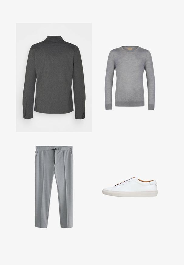 Mørkegrå langærmet skjorte med krave, manchetknapper og lige kant. Lavet af tekstureret stof og har et enkelt design.; Grå langærmet sweater lavet af blødt stof, med rund halsudskæring og ribstrikkede ærmekanter. Enkel design uden mønstre eller detaljer.; Lysegrå bukser med lige ben, bindebånd i taljen og sidelommer, vist fladt på en hvid baggrund.; Hvid lædersneaker med en tekstureret gummisål, rund tå og kontrasterende tanfarvet inderside. Har fem snørehuller og hvide snørebånd.