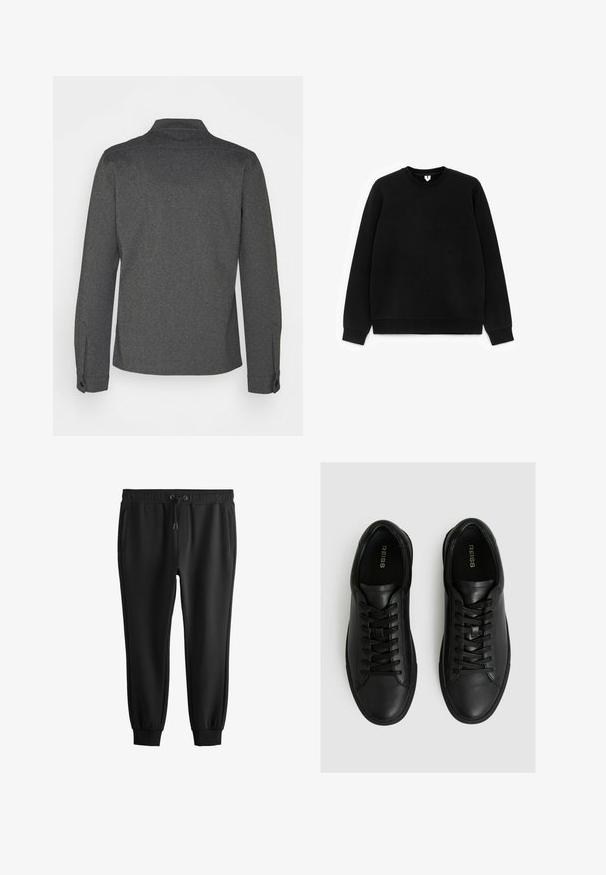 Mørkegrå langærmet skjorte med krave, manchetknapper og lige kant. Lavet af tekstureret stof og har et enkelt design.; Sort sweatshirt lavet af blødt materiale, med rund hals, lange ærmer og ribbede manchetter med diskret skulderdetalje.; Sorte sweatpants med smal pasform, elastisk talje, snøre, sidelommer og ribbede manchetter ved anklerne.; Sorte lædersneakers med en glat overflade, der har en rund tå, seks-hullers snørresystem og en lavprofil gummisko.