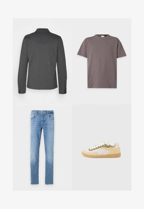 Mørkegrå langærmet skjorte med krave, manchetknapper og lige kant. Lavet af tekstureret stof og har et enkelt design.; Plain kortærmet crew-neck t-shirt i dæmpet brun farve med subtil tekstur og lille logo nær nederste højre side.; Lyseblå denimjeans med lige snit. Har knapgylp, fem lommer og let falmning på lårene. Klassisk syningsdetalje.; Lav-top sneaker med beige ruskind, hvide meshpaneler, olivengrønne detaljer, hvide snørebånd og gummisål i karamelfarve på en lysegrå baggrund.
