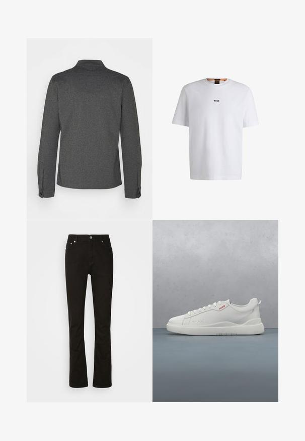 Mørkegrå langærmet skjorte med krave, manchetknapper og lige kant. Lavet af tekstureret stof og har et enkelt design.; Hvid bomuld T-shirt med korte ærmer, med et sort "BOSS" logo centreret på brystet og en rund halsudskæring.; Sorte denimjeans med lige ben-design, der har frontlommer, lynlåsgylpter og sølvfarvede hardware-detaljer. Glat tekstur, ingen mønstre.; Hvide sneakers med en glat læderfinish, rund tå, fire snørehuller, subtile perforeringer og en rød logo detalje på siden.