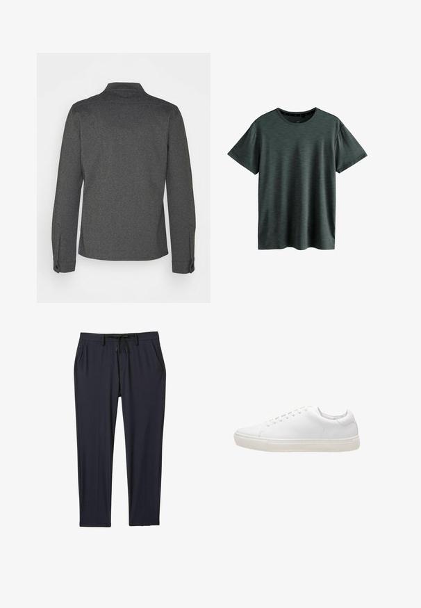 Mørkegrå langærmet skjorte med krave, manchetknapper og lige kant. Lavet af tekstureret stof og har et enkelt design.; Mørkeblå T-shirt lavet af blødt, struktureret stof. Har en klassisk rund hals og korte ærmer med et subtilt mønster. Ingen synlige logoer.; Marineblå sportsbukser lavet af strækbart stof, med elastisk talje og snøre, to sidelommer og lige ben.; Hvide lædersneakers med en glat overflade, rund tå, snørebåndslukning og flad gummisål. Minimalistisk design uden synlige mønstre.