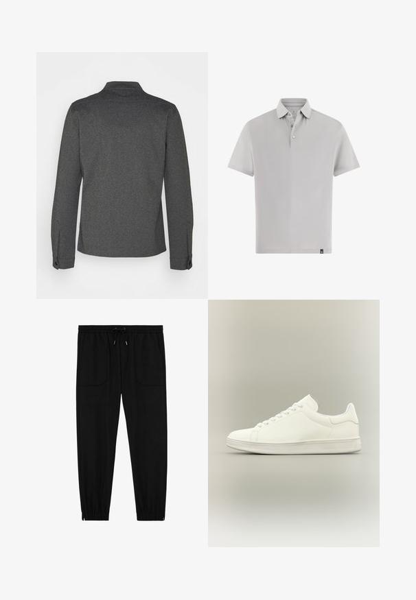 Donkergrijs overhemd met lange mouwen, een kraag, geribbelde manchetten en een rechte zoom. Gemaakt van gestructureerde stof, met een eenvoudig design.; Grijs poloshirt met korte mouwen van gladde stof. Voorzien van een klassieke kraag, een twee-knopenhals en een klein merkje op de zoom.; Zwarte joggingbroek met elastische tailleband, koordsluiting, voorzakken met opgestikte zakken en elastische boorden, op een witte achtergrond.; Minimalistische witte laag uitgesneden sneaker met veters, gladleren bovenwerk en een gestructureerde rubberen zool, weergegeven op een neutrale achtergrond.