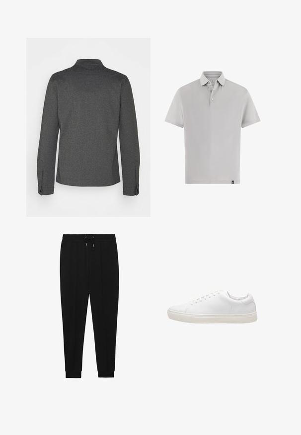 Donkergrijs overhemd met lange mouwen, een kraag, geribbelde manchetten en een rechte zoom. Gemaakt van gestructureerde stof, met een eenvoudig design.; Grijs poloshirt met korte mouwen van gladde stof. Voorzien van een klassieke kraag, een twee-knopenhals en een klein merkje op de zoom.; Zwarte sportbroek met een trekkoord in de taille, taps toelopende benen en ribbels aan de manchetten. Gemaakt van een zachte stof met een gladde textuur.; Witte leren sneaker met een gladde textuur, ronde neus, vetersluiting en een platte rubberen zool. Minimalistisch ontwerp zonder zichtbare patronen.