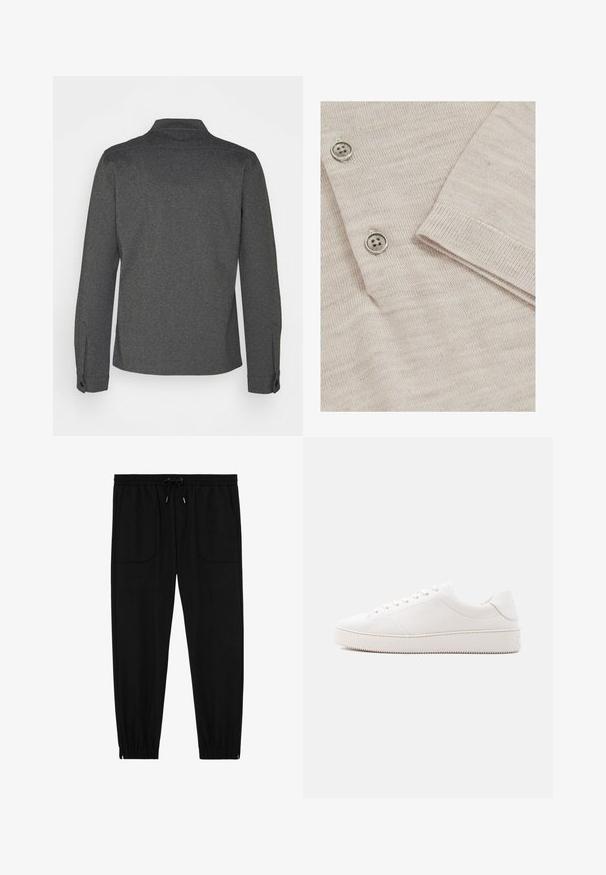 Donkergrijs overhemd met lange mouwen, een kraag, geribbelde manchetten en een rechte zoom. Gemaakt van gestructureerde stof, met een eenvoudig design.; Lichtbeige cardigan met een fijne breistekstuur. Bevat drie metalen knopen en geribbelde boorden voor een gestructureerde afwerking.; Zwarte joggingbroek met elastische tailleband, koordsluiting, voorzakken met opgestikte zakken en elastische boorden, op een witte achtergrond.; Witte lederen sneaker met een gladde afwerking, ronde neus, vetersluiting met zes veteroogjes en een rubberen zool met structuur. Minimalistisch ontwerp zonder patronen.