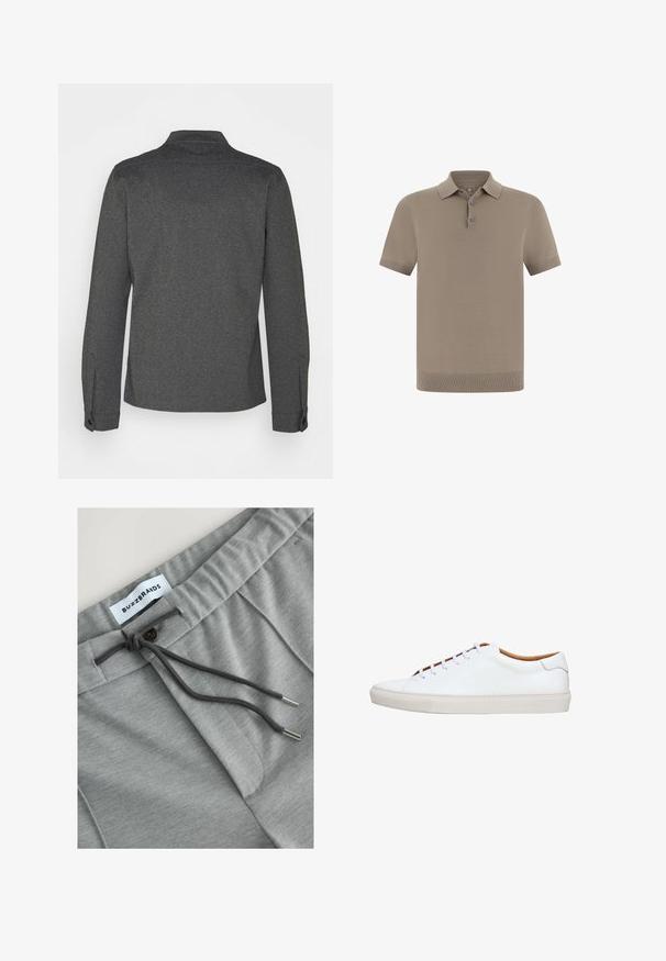 Donkergrijs overhemd met lange mouwen, een kraag, geribbelde manchetten en een rechte zoom. Gemaakt van gestructureerde stof, met een eenvoudig design.; Polohemd in taupe met een gestructureerde afwerking, korte mouwen en een kraag. Heeft een knoopsluiting met drie knopen en geribbelde boorden.; Grijze katoenen joggers met een trekkoord in de taille, voorzien van een knoopdetail en subtiele textuur. Het label leest "BUZZBRANDS."; Witte leren sneaker met een gerookte rubberen zool, ronde neus en contrasterende beige binnenkant. Voorzien van vijf veterogen en witte veters.