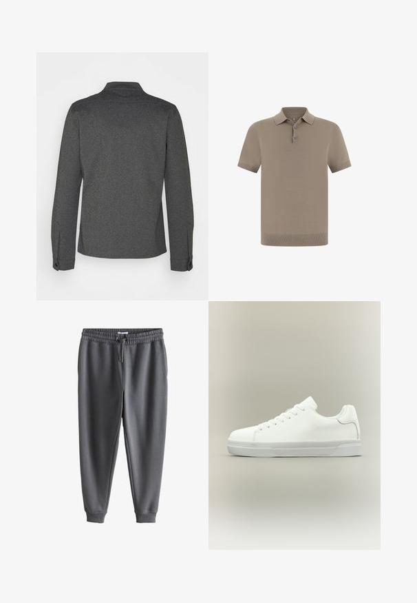 Donkergrijs overhemd met lange mouwen, een kraag, geribbelde manchetten en een rechte zoom. Gemaakt van gestructureerde stof, met een eenvoudig design.; Polohemd in taupe met een gestructureerde afwerking, korte mouwen en een kraag. Heeft een knoopsluiting met drie knopen en geribbelde boorden.; Donkergrijze joggingbroek met elastische tailleband en trekkoord, taps toelopende pijpen en geribbelde boorden bij de enkels.; Witte lage sneaker met veters aan de voorkant, gevoerde kraag en gerubberde zool met textuur, zijaanzicht op een neutrale achtergrond.