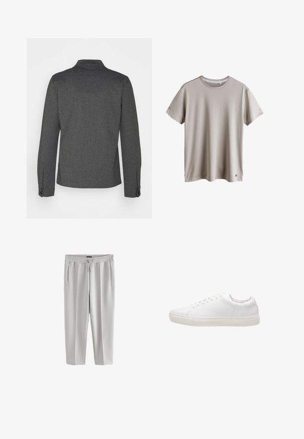 Donkergrijs overhemd met lange mouwen, een kraag, geribbelde manchetten en een rechte zoom. Gemaakt van gestructureerde stof, met een eenvoudig design.; Lichtbeige T-shirt met korte mouwen en een ronde hals met een klein logo vlak bij de onderzoom, weergegeven op een witte achtergrond.; Lichtgrijze sweatpants van gladde stof, met een elastische tailleband en trekkoord, en twee zijzakken.; Witte leren sneaker met een gladde textuur, ronde neus, vetersluiting en een platte rubberen zool. Minimalistisch ontwerp zonder zichtbare patronen.