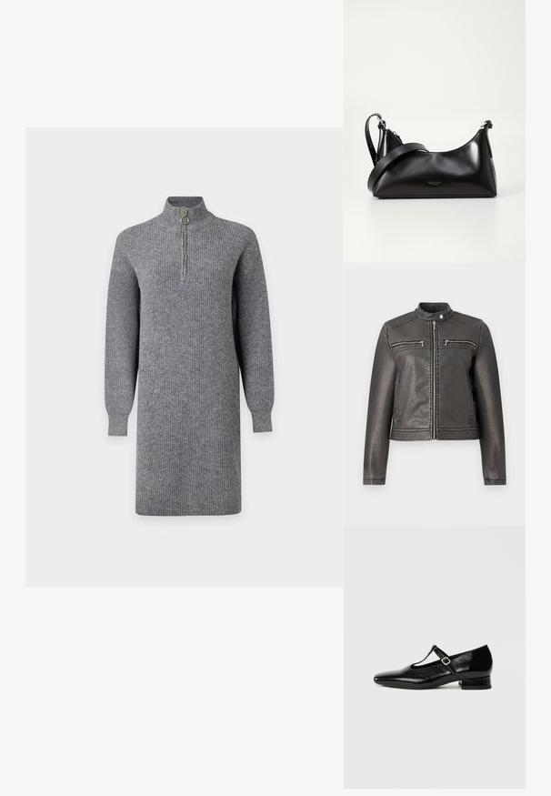 Zwarte neplederen jacket met een hoge kraag, twee ritsborstzakken en een getailleerd silhouet. Glad textuur en minimalistisch ontwerp.; Grijze geribde gebreide jurk met lange mouwen, knielengte en een halve rits aan de voorkant op een hoge kraag, getoond tegen een effen achtergrond.; Zwarte leren Mary Jane schoenen met een puntige neus, een kleine blokhak en een verstelbare riem met een zilveren gesp. Gladde, glanzende textuur.; Zwarte leren handtas met een gladde textuur. Beschikt over een verstelbare schouderband en een strak, minimalistisch ontwerp met een ritssluiting.