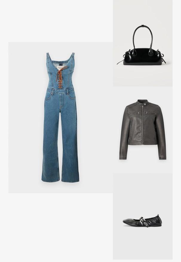 Schwarze Kunstlederjacke mit hohem Kragen, zwei mit Reißverschluss versehenen Brusttaschen und einer taillierten Silhouette. Glatte Textur und minimalistisches Design.; Jeans-Overall mit tailliertem Oberteil und weitem Bein, mit rundem Ausschnitt und brauner Schnürung vorne. Hellblaue Farbe und texturierter Stoff.; Schwarze Leder-Ballerinas mit spitzem Zehenbereich, gerafften Details am Schaft und einem silbernen Schnallenakzent am verstellbaren Riemen.; Kleine schwarze glänzende Handtasche mit zwei langen Griffen und seitlichen Kordelzug-Details vor einfachem hellem Hintergrund.