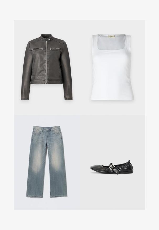Must must läike, millel on kõrge kaelus, kaks tõmblukuga rinna taskut ja kitsas siluett. Sujuv tekstuur ja minimalistlik disain.; Valge ruudukujulise kaelusega tank top, mis on valmistatud siledast kangast. Omab laiad rihmad ja istuvat siluetti. Pole nähtavaid mustreid ega kaunistusi.; Helesinised laiade säärtega teksad tuhmunud viimistlusega, valmistatud teksariidest. Omavad vööaasasid, esimesi taskuid ning eesmist tõmblukku koos nööpkinnitusega.; Must musta lamega, millel on terav nina, kokkukogutud detailid avause ümber ja hõbedane pandla aktsent reguleeritaval rihmal.