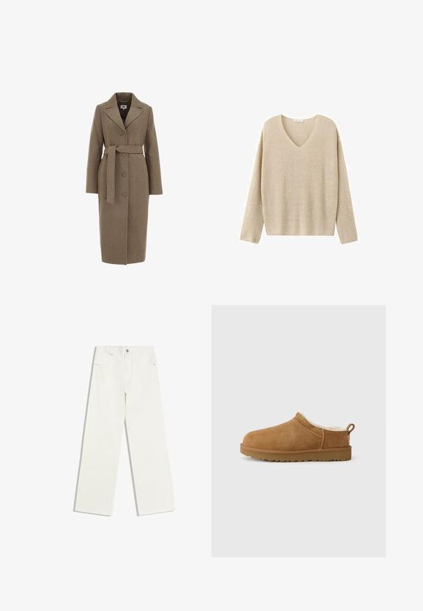 Bruine wollen mix jas met een op maat gemaakt ontwerp, lange mouwen, notch revers, knoopsluiting en een bijpassende strikriem in de taille.; Beige gebreide trui met lange mouwen en een V-hals, afgebeeld tegen een witte achtergrond.; Witte jeans met hoge taille en rechte pijpen, met voorzakken en een knoopsluiting op een witte achtergrond.; Bruine suede instap schoen met een zachte, witte bontvoering, vlakke rubberen zool, ronde neus en een kleine trekflap aan de hiel.