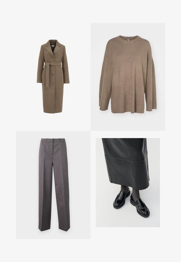 Bruine wollen mix jas met een op maat gemaakt ontwerp, lange mouwen, notch revers, knoopsluiting en een bijpassende strikriem in de taille.; Bruine oversized trui met een geribbelde onderkant, wijde mouwen en een ronde hals. Zachte textuur, minimalistisch ontwerp zonder patronen.; Grijze, op maat gemaakte broeken van textuurstof, met een rechte pijp, een vlakke voorkant en riemlussen.; Zwarte leren loafers met een gladde afwerking, voorzien van een decoratieve band, ronde neus en gestructureerde zool. Draagt met een lange zwarte leren rok.