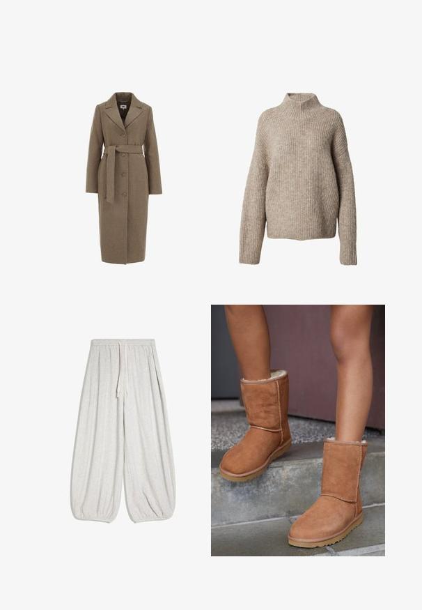 Bruine wollen mix jas met een op maat gemaakt ontwerp, lange mouwen, notch revers, knoopsluiting en een bijpassende strikriem in de taille.; EDITED BETH - Trui - dunkelbeige; Lichtgrijze sweatpants met wijde pijpen, elastische tailleband, trekkoord en elastische boorden bij de enkels, plat gelegd op een witte achtergrond.; Bruine suède enkellaarsjes met een ronde neus, zachte voering en een rubberen zool, met zichtbaar stiksel langs de naden.