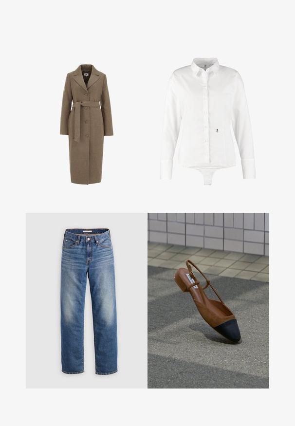 Bruine wollen mix jas met een op maat gemaakt ontwerp, lange mouwen, notch revers, knoopsluiting en een bijpassende strikriem in de taille.; Witte longsleeve shirt met een knoopsluiting aan de voorkant, gemaakt van gladde stof. Heeft een klein zwart bloemenlogo aan de linkerzijde. Ontwerp met een bodysuit onderkant.; Lichtblauwe spijkerbroek met rechte pijpen, voorzien van een knoopsluiting, voorzakken en subtiele verlichtingen bij de dij.; Bruine platte slingback-schoen met zwarte puntige neus en gouden gesp, zwevend boven een gestructureerd bestratingsvlak nabij een betegelde muur.