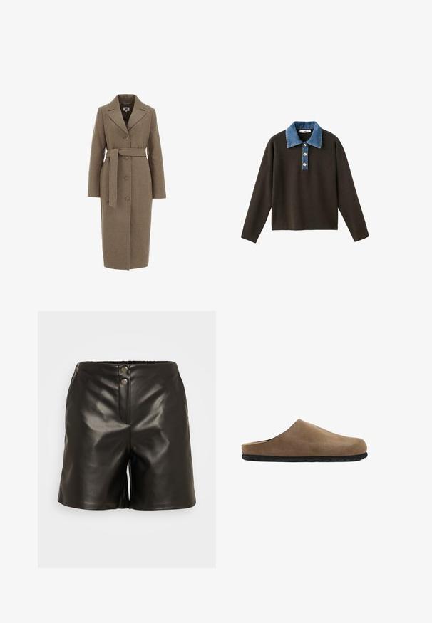 Bruine wollen mix jas met een op maat gemaakt ontwerp, lange mouwen, notch revers, knoopsluiting en een bijpassende strikriem in de taille.; Bruine pullover met lange mouwen, een blauwe denimkraag en drie knopen aan de voorkant; heeft een zachte structuur en een ontspannen pasvorm.; ONLY ONLELVIRA - Shorts - black; Bruine suède instapklomp met gesloten neus en open achterkant, voorzien van een zwarte, getextureerde rubberen zool.