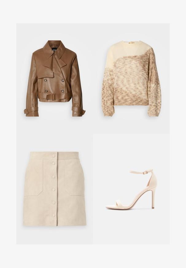 Chaqueta de cuero marrón corta con un amplio cuello, botones de doble botonadura y un cinturón, exhibida contra un fondo blanco liso.; Jersey de punto con cuello redondo, tonos beige y marrón claro, patrón texturizado y mangas largas con un ajuste ligeramente recortado.; Minifalda de ante beige con botones de presión frontales y dos grandes bolsillos delanteros, corte recto y detalles cosidos.; Sandalia de tacón alto beige con tira en el tobillo y punta abierta, acabado liso, y tacón stiletto delgado sobre fondo blanco.