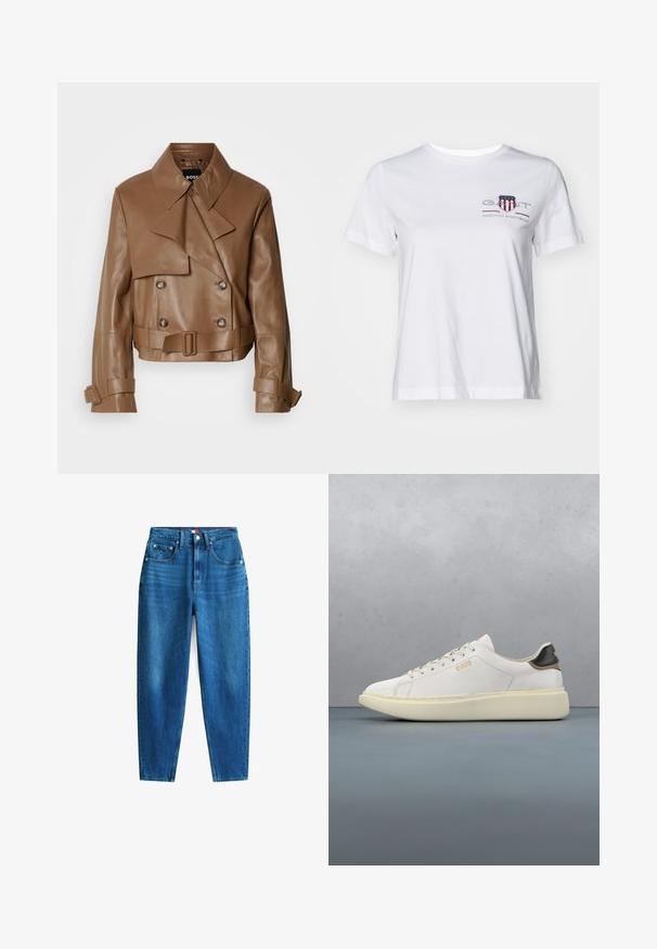 Chaqueta de cuero marrón corta con un amplio cuello, botones de doble botonadura y un cinturón, exhibida contra un fondo blanco liso.; Camiseta blanca de algodón con mangas cortas, cuello redondo y un logotipo bordado en rojo y azul en el lado izquierdo. Textura suave, corte relajado.; Jeans de mezclilla azul con un diseño de pierna recta, cinco bolsillos, cierre de botón y cremallera, y un ligero desgaste que añade variación de textura.; Zapatilla blanca con parte superior de cuero suave, presenta un talón de cuero en tonos marrón y negro, cordones redondos y una suela de goma beige gruesa. Detalle del logo en dorado.