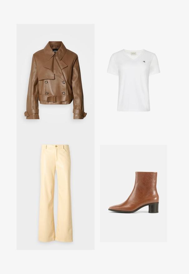Chaqueta de cuero marrón corta con un amplio cuello, botones de doble botonadura y un cinturón, exhibida contra un fondo blanco liso.; Camiseta blanca de algodón con diseño de cuello en v, mangas cortas y un pequeño logo oscuro en el lado izquierdo del pecho. Textura suave.; Pantalones de pierna ancha en un amarillo pálido, fabricados en un material suave y brillante. Presenta un botón en la parte frontal, dos bolsillos laterales y un corte recto.; Botín de cuero marrón con punta puntiaguda, acabado texturizado y tacón medio tipo bloque. Diseño sencillo sin herrajes ni patrones visibles.