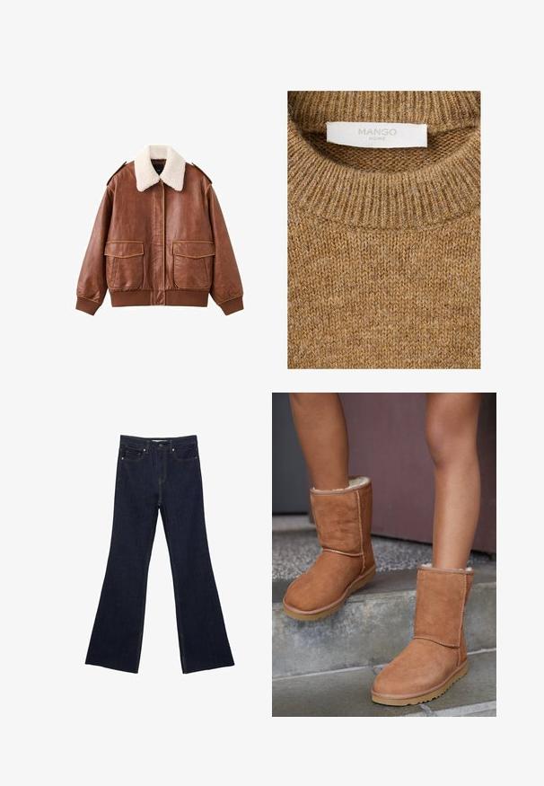 Veste aviateur en cuir marron avec un col en fausse fourrure blanche douce, deux poches avant, et des poignets et un ourlet côtelés. Texture lisse avec des coutures visibles.; Pull marron tricoté avec encolure ronde côtelée et étiquette blanche portant la mention "MANGO HOME" à l'intérieur du col.; Jean flare en denim bleu foncé avec un design classique à cinq poches et des coutures visibles. Le tissu a une texture lisse avec un minimum de décoloration.; Bottines en suede marron, à bout rond, avec une doublure douce et une semelle en caoutchouc, présentant des détails de couture visibles le long des coutures.