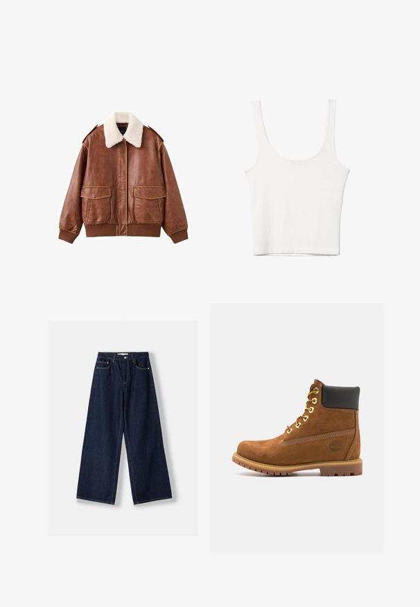 Veste aviateur en cuir marron avec un col en fausse fourrure blanche douce, deux poches avant, et des poignets et un ourlet côtelés. Texture lisse avec des coutures visibles.; Débardeur en coton blanc avec un décolleté arrondi, sans manches et ajusté. Texture lisse, design uni et détails de couture minimaux.; Jean en denim bleu foncé à jambes larges avec fermeture avant par bouton et zip, poches avant et passants pour ceinture, posé à plat sur un fond blanc.; Bottine en suede marron avec col rembourré noir, œillets en or, devant à lacets et semelle en caoutchouc avec un motif texturé.