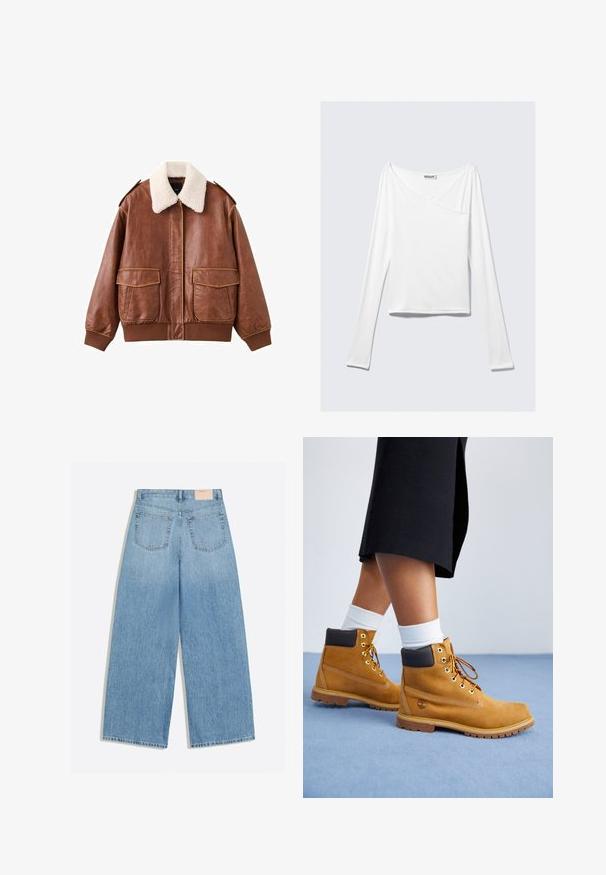 Veste aviateur en cuir marron avec un col en fausse fourrure blanche douce, deux poches avant, et des poignets et un ourlet côtelés. Texture lisse avec des coutures visibles.; Haut blanc à manches longues avec un design croisé et une poche. Fabriqué dans un tissu lisse et extensible. Coupé dans une coupe décontractée et ample.; Jean denim bleu clair à jambes larges avec deux poches arrière et une petite étiquette de marque beige sur la ceinture.; Bottines en suede beige avec des accents en cuir marron, des œillets dorés et une semelle texturée. Chaussettes blanches visibles au-dessus des bottines.