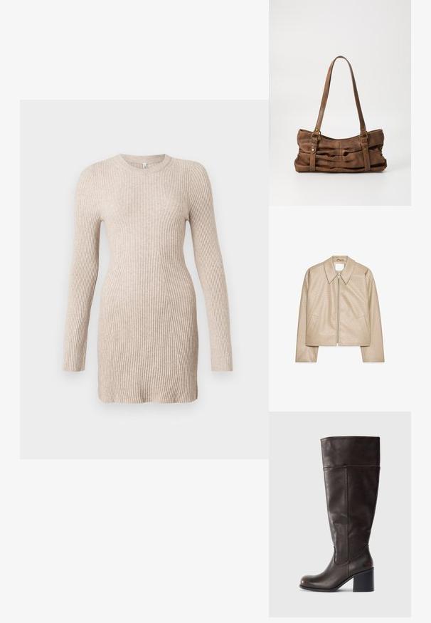 Beige cropped jakke lavet af struktureret kunstlæder, med stor krave, lynlåslukning foran og to sidelommer.; Beige ribbet strik langærmet kjole med en tætsiddende talje og rund halsudskæring på en hvid baggrund.; Brun læder knæhøj støvle med rund tå og stablet hæl. Har en glat tekstur og sidelægning som detalje.; Even&Odd by Zalando Håndtasker - brown