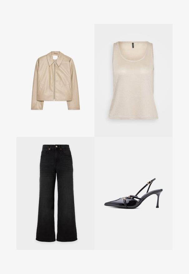 Beige cropped jakke lavet af struktureret kunstlæder, med stor krave, lynlåslukning foran og to sidelommer.; Lys beige udenærmet top med en rund halsudskæring, lavet af et blødt, glitrende materiale, der har en afslappet pasform og buet kant.; Sort højttaljede jeans med brede ben, forlommer og knaplukning på en ensfarvet lys baggrund.; Sort laklæder spids tå slingback-hæl med tynde stropper og små spænder i guldton på en hvid baggrund.