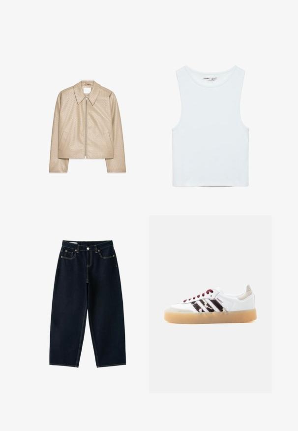 Beige cropped jakke lavet af struktureret kunstlæder, med stor krave, lynlåslukning foran og to sidelommer.; Hvid ærmeløs crop top med rund halsudskæring, lavet af glat stof, mærket Pull&Bear, egnet til afslappet brug.; Mørkeblå jeans med brede ben og høj talje, foran knap, lynlås og fem lommer med synlige sømme.; Hvid Adidas Samba-sneaker med mørkerøde snørebånd, sorte lodne striber, beige hælflig og gennemsigtig gummisål, vist fra venstre side.