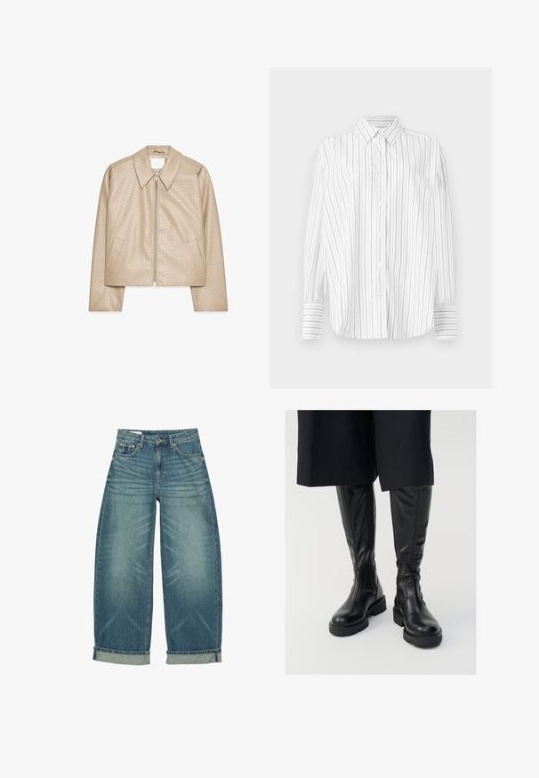 Beige cropped jakke lavet af struktureret kunstlæder, med stor krave, lynlåslukning foran og to sidelommer.; Hvid langærmet skjorte med knapper og tynde lodrette sorte striber samt en spids krave, præsenteret på en ensfarvet baggrund.; Blå vidde-denim jeans med opkrogede manchetter, frontknap og lynlås lukning samt klassisk fem-lomme design.; Sorte læder knæhøje støvler med en glat tekstur, kraftige såler og side-lynlåse. Designet har diskrete sømdetaljer.