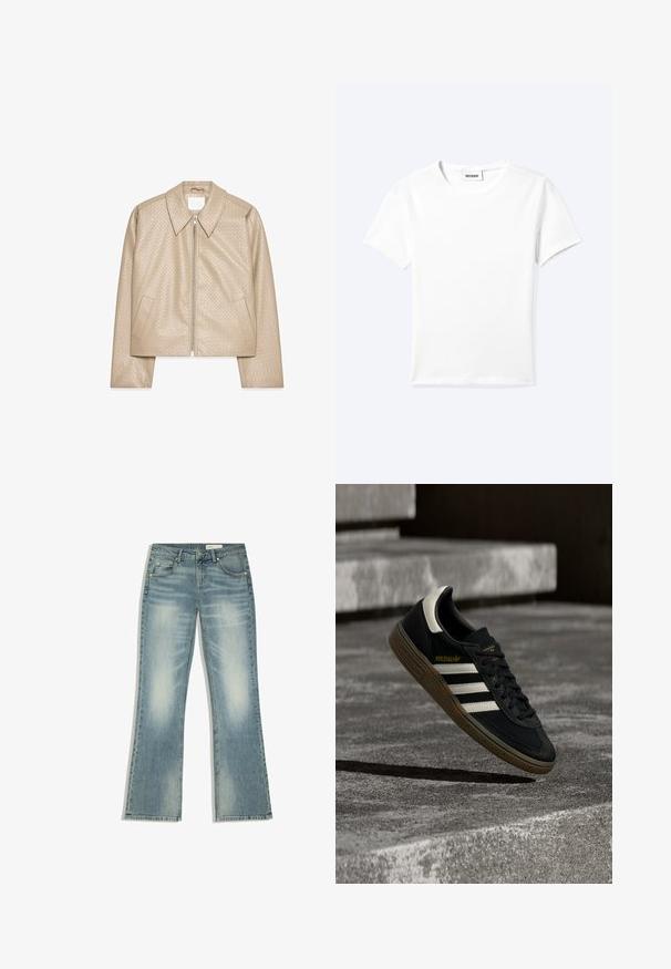 Beige cropped Jacke aus strukturiertem Kunstleder, mit großem Kragen, Frontreißverschluss und zwei seitlichen Taschen.; Einfaches weißes T-Shirt mit kurzen Ärmeln und Rundhalsausschnitt sowie kleinem "WEEKDAY"-Etikett im Nacken, flach auf einem hellen Hintergrund präsentiert.; Blau ausgebleichte Jeans mit geradem Bein, fünf Taschen, Gürtelschlaufen und Knopfverschluss, flach auf weißem Hintergrund liegend.; Schwarzer Adidas-Sneaker mit weißen Streifen und Gummisohle schwebt über grauen Betonstufen im natürlichen Licht.
