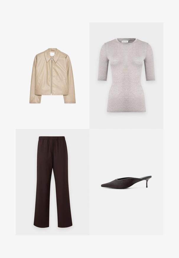 Beige cropped jakke lavet af struktureret kunstlæder, med stor krave, lynlåslukning foran og to sidelommer.; Lysegrå tætsiddende T-shirt med rund halsudskæring, korte ærmer og glat tekstur. Fremstillet af et blødt, let stof med minimale sømme.; Mørkebrune, lige bukser med elastisk talje, lavet af glat stof, præsenteret mod en ensfarvet hvid baggrund.; Sort mule-sko med spids tå, lav stilet-hæl og glat finish, vist fra siden på en hvid baggrund.