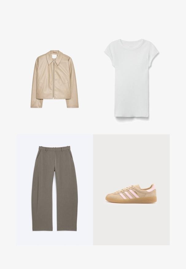 Beige cropped Jacke aus strukturiertem Kunstleder, mit großem Kragen, Frontreißverschluss und zwei seitlichen Taschen.; Weißes kurzärmeliges, geripptes T-Shirt mit Rundhalsausschnitt, flach auf weißem Hintergrund liegend, zeigt die Vorderseite und einen einfachen, legeren Stil.; Gerade geschnittene Taupe-Hose mit Gürtelschlaufen und seitlichen Taschen, flach auf weißem Hintergrund ausgelegt.; Beiger Adidas Munich Sneaker mit pinken Streifen, Gummisohle und goldenem "Munich" Text an der Seite, von der Innenseite auf weißem Hintergrund gezeigt.