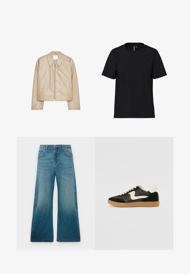 Beige cropped jakke lavet af struktureret kunstlæder, med stor krave, lynlåslukning foran og to sidelommer.; Sort kortærmet T-shirt lavet af blødt stof med rund hals. Simpelt design uden mønstre eller detaljer, lige snit i kanten.; Højtaljede blå denimjeans med brede ben, frontlommer, knaplukning og en falmet farvegradient fra talje til kant.; Sorte ruskinds- og lædersneakers med en cremefarvet side-swoosh og lys cremefarvet hæl. Har beige snørebånd og en gummirubber-sål.