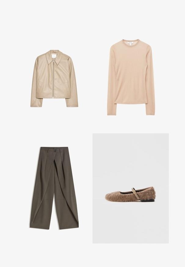 Beige cropped jakke lavet af struktureret kunstlæder, med stor krave, lynlåslukning foran og to sidelommer.; Beige langærmet rundhalset sweater med figursyet pasform, vist fladt mod en hvid baggrund.; Vide bukser lavet af et struktureret, mørkegråt stof. Har en frontfald, knaplukning og sidelommer for praktisk anvendelse.; Brun, fuzzy flad sko med en Mary Jane rem og detalje med guldspænde. Blød tekstur, firkantet tå og lav blokhælfod. Glat indvendig foring.