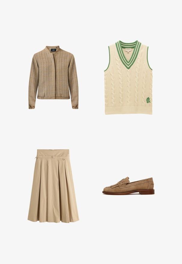 Lichtgewicht, getextureerde jacket in een warme goudbruine tint met een mandarin-kraag, knoopsluiting en elastische manchetten.; Crèmekleurig kabelgebreid mouwloos vest met groen gestreepte V-hals en groen geborduurd logo vlak bij de zoom.; Beige geplooide rok tot op de knie met een brede tailleband en een smalle riem met twee zilveren D-ring gespen.; Heren tan suède loafer met kwastdetail en gestapelde houten hak, in profiel getoond op een witte achtergrond.