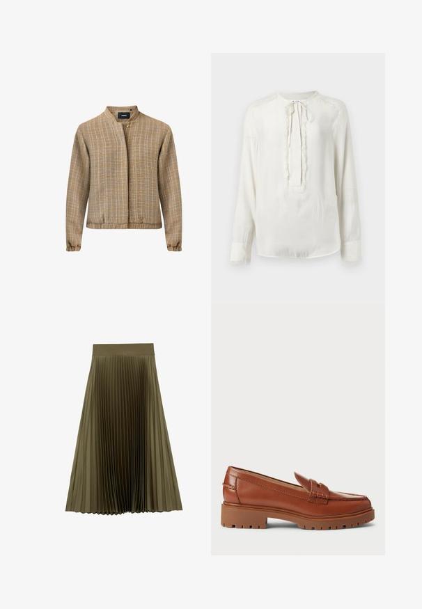 Lichtgewicht, getextureerde jacket in een warme goudbruine tint met een mandarin-kraag, knoopsluiting en elastische manchetten.; Witte blouse met lange mouwen, een ronde halslijn en striksluiting. Bevat een getextureerde afwerking langs de voorkant en manchetten. Soepele stofafwerking.; Olijfgroene midirok met brede tailleband en fijne verticale plooien, uitlopende zoom, op witte achtergrond.; Bruine leren instappers met een moccasin teenontwerp, zichtbare stiksels en een chunky, gestructureerde rubberen zool. Accenten van goudkleurig beslag.