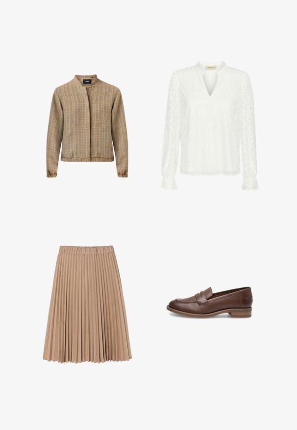 Lichtgewicht, getextureerde jacket in een warme goudbruine tint met een mandarin-kraag, knoopsluiting en elastische manchetten.; Witte blouse met lange mouwen, V-hals, complexe diamantpatroon textuur en gerimpelde manchetten. Gemaakt van lichtgewicht stof.; Plissé rok gemaakt van zachte beige stof; heeft een elastische tailleband en een vloeiende ontwerp met smalle, gelijkmatige plooien door het hele kledingstuk.; Bruine leren loafer met een lage hak, voorzien van gestikte details en een afgeronde neus, een gladde textuur en een klassiek instapmodel.