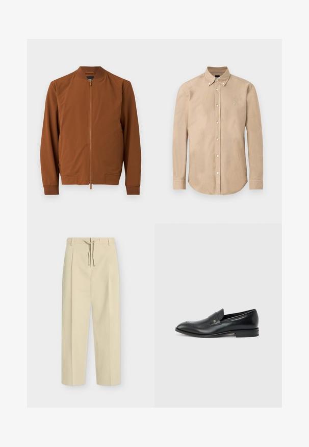 Blouson bomber marron en tissu lisse. Il comporte une fermeture éclair, un col côtelé, des poignets élastiques et deux poches latérales.; Chemise beige à manches longues avec boutons sur le devant, col boutonné et petit logo brodé sur le côté gauche de la poitrine.; Pantalon beige droit avec passants pour ceinture et nouage à l'avant, présentant un design épuré et ajusté ainsi qu'un tissu texturé.; Mocassin pour hommes en cuir noir avec talon bas, bout arrondi et petit logo métallique sur la bride, présenté en profil latéral sur un fond uni.