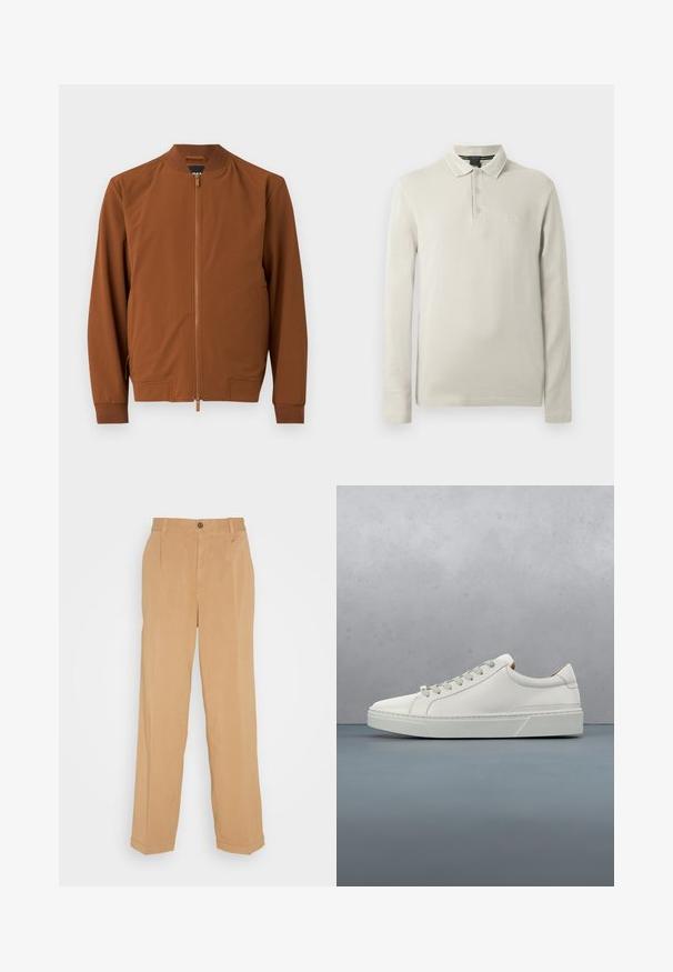 Blouson bomber marron en tissu lisse. Il comporte une fermeture éclair, un col côtelé, des poignets élastiques et deux poches latérales.; Polo à manches longues de couleur beige clair, confectionné dans un tissu doux. Comprend un col, une patte de boutonnage à trois boutons et une broderie discrète du logo sur la poitrine.; Pantalons larges beiges en tissu doux, dotés de deux poches avant, d'une fermeture à bouton et de plis le long des jambes.; Baskets en cuir blanc avec un bout arrondi, design minimaliste, lacets gris et semelle en caoutchouc gris texturé. Détails de couture subtils visibles.