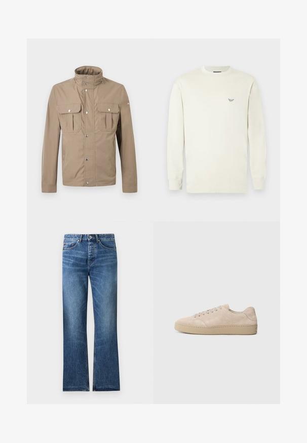 Veste beige pour homme avec col montant, boutons pression à l'avant, deux poches à rabat sur la poitrine avec boutons, et manches longues.; T-shirt à manches longues beige clair en coton. Présente un col rond et un petit logo brodé sur la poitrine. Texture lisse.; Jean en denim bleu avec une coupe droite, cinq poches, fermeture par bouton et zip, et légère décoloration sur les cuisses et les genoux.; Baskets en daim beige avec un bout rond, des lacets plats et une semelle en caoutchouc texturé. Design minimaliste avec des bords lisses et des coutures discrètes.