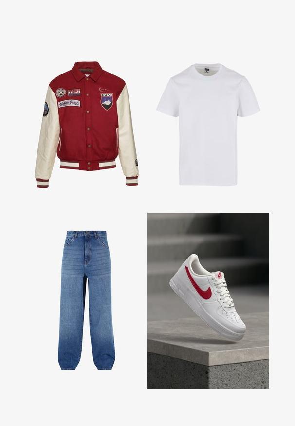 Karl Kani CHEST SIGNATURE BLOCKCOLLEGE - Bomberjacks - darkred offwhite; Witte katoenen T-shirt met een ronde halslijn, korte mouwen en een relaxte pasvorm. Glad textuur zonder zichtbare patronen of accenten.; Lichtblauwe denim jeans met een hoge taille, een losse pasvorm en taps toelopende boorden. Voorzien van vijf zakken en subtiele vervaging aan de voorkant.; Witte Nike Air Force 1 sneaker met rood swoosh-logo zwevend boven een betonnen rand en trappen op de achtergrond.